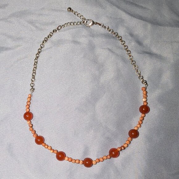 $1 with Bundle ~ Vintage Style Orange Beaded Necklace with Silver Chain 4090 - Picture 1 of 3